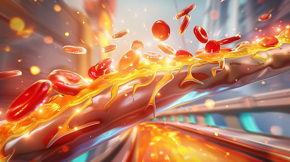 3D illustration of red blood cells flowing past yellow fatty deposits on an artery wall, representing cholesterol build-up and lowering drugs