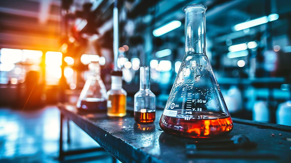 Laboratory flasks of red, amber and brown liquids on a bench with glowing background lights, illustrating synthesis route scouting for APIs