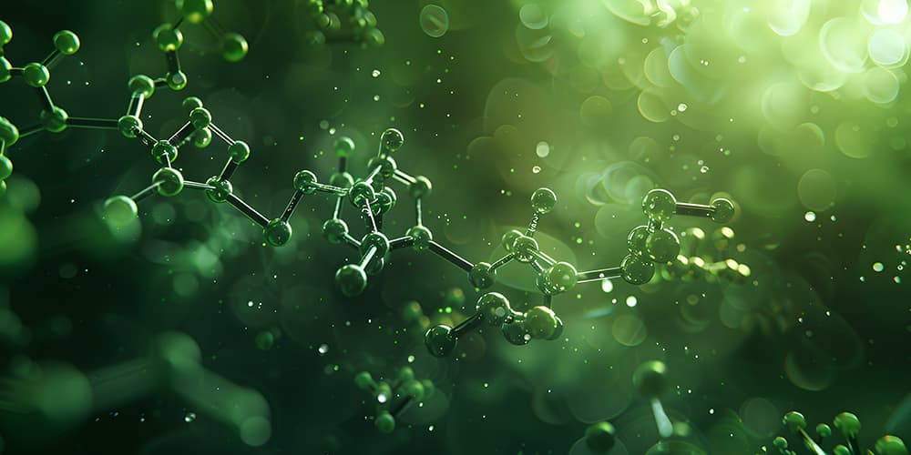 3D green molecular structures glowing against a soft green background, illustrating green chemistry by design for pharmaceutical APIs
