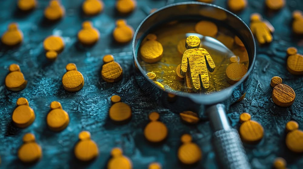 Magnifying glass focused on a yellow wooden person figure among scattered wooden pieces, symbolising a customer-centric approach in API manufacturing