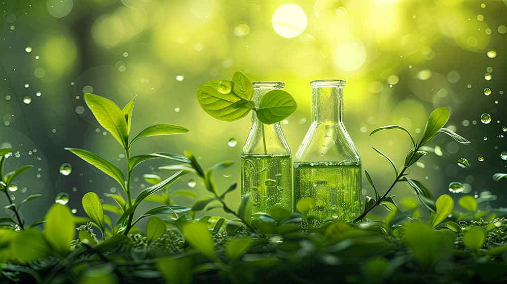 Glass laboratory flasks of green liquid among fresh leaves, illustrating the rise of green chemistry in pharmaceutical manufacturing