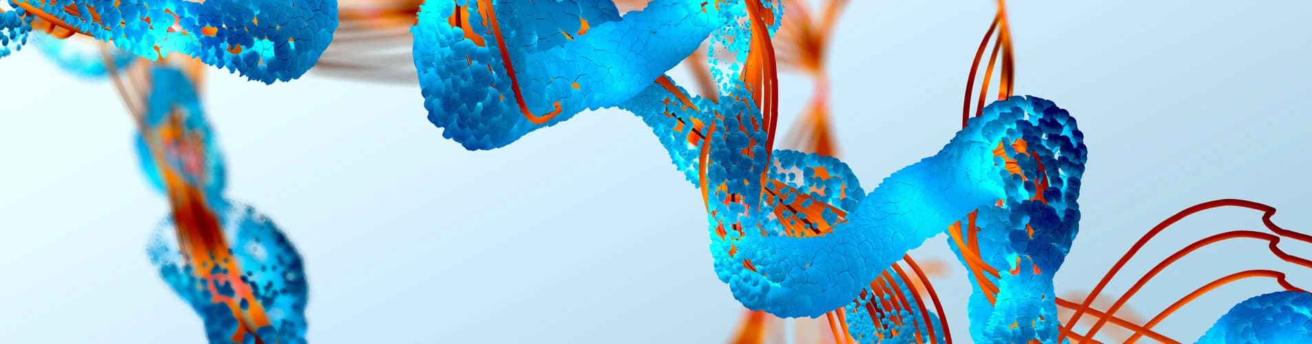 3D render of blue peptide helices wrapped in orange ribbon strands on a pale background, representing peptide CDMO services