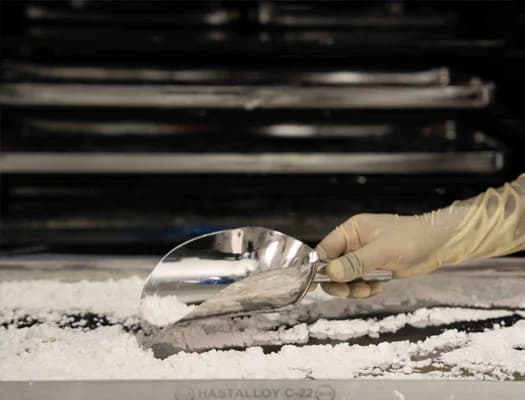 Gloved hand scooping white API powder from a Hastelloy tray during peptide manufacturing