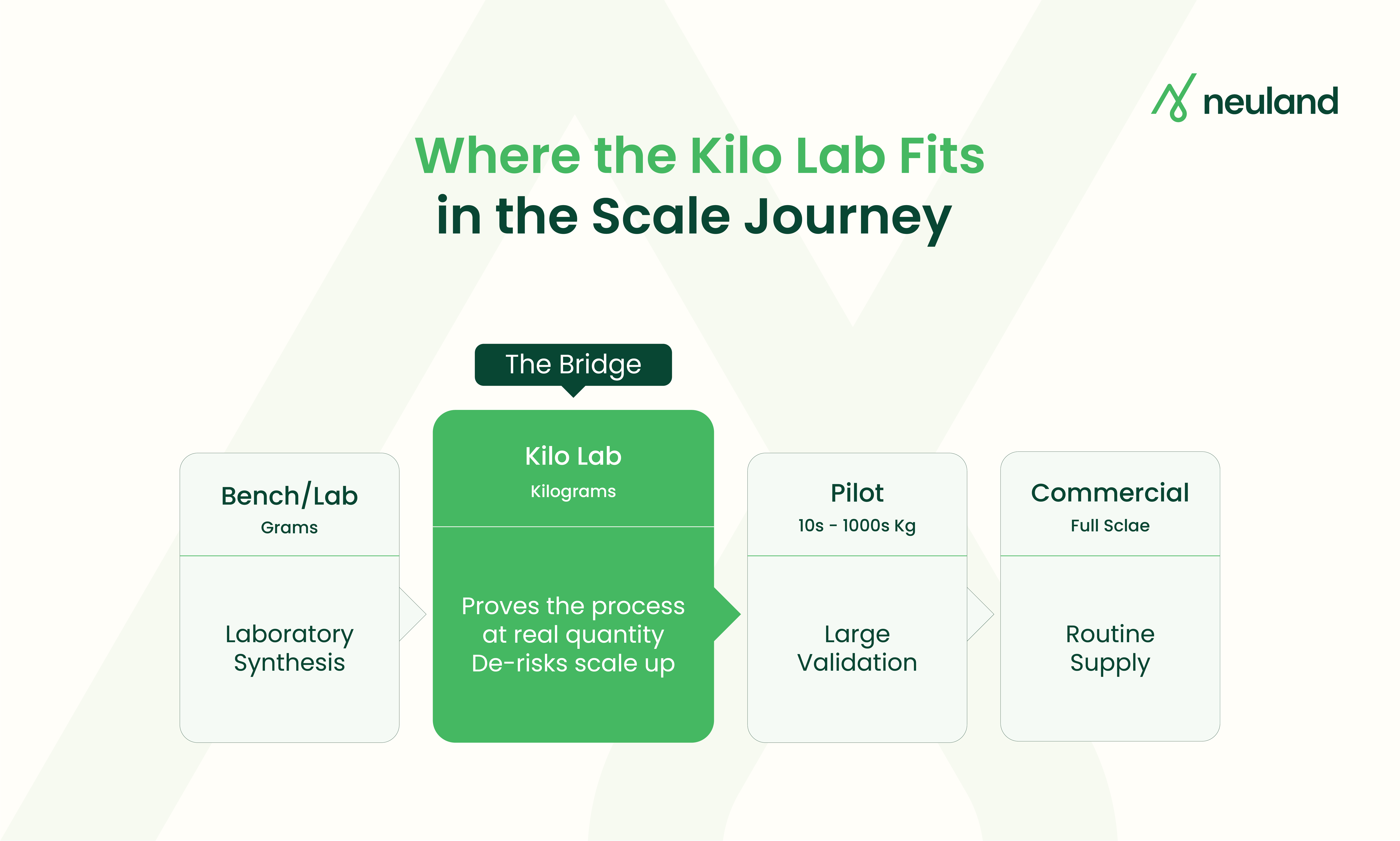 Scale ladder showing the kilo lab bridging laboratory synthesis and larger-scale manufacturing.