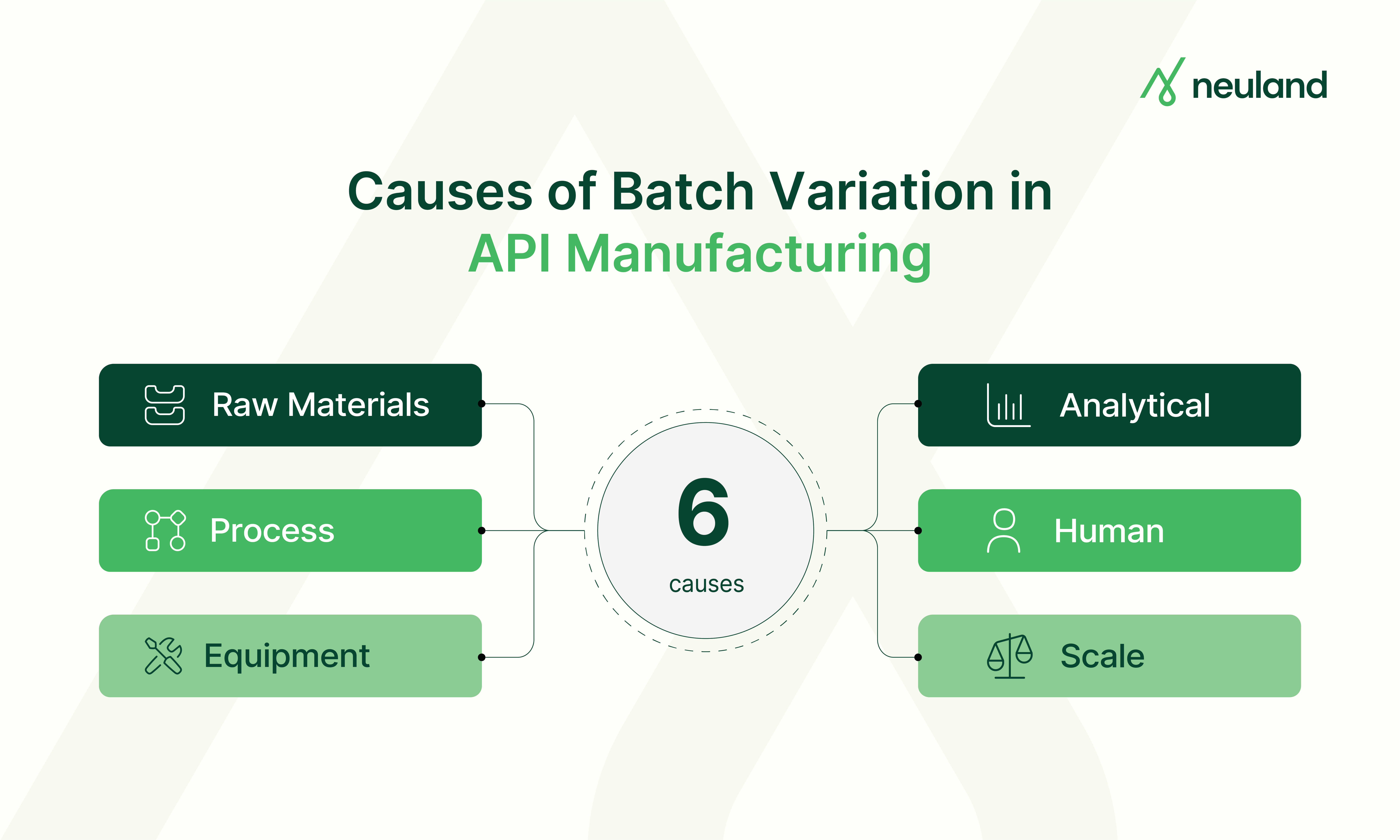Diagram of causes of batch-to-batch variation in API manufacturing.