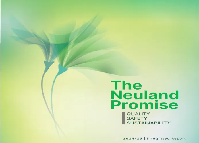 Cover of the Neuland Labs 'The Neuland Promise' Integrated Report, highlighting quality, safety, and sustainability with a green and yellow floral graphic