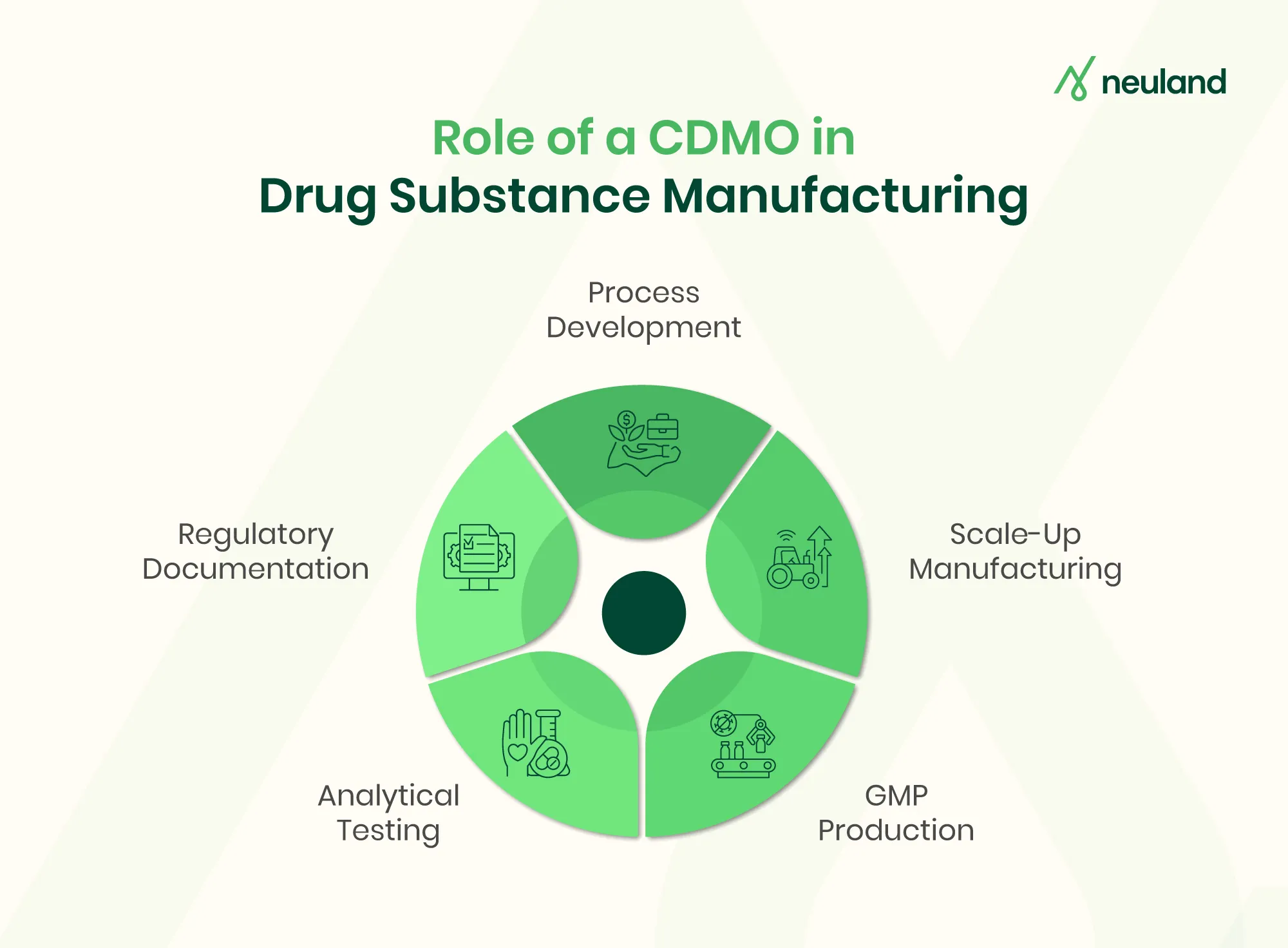 Circular infographic showing CDMO roles across the drug substance lifecycle 