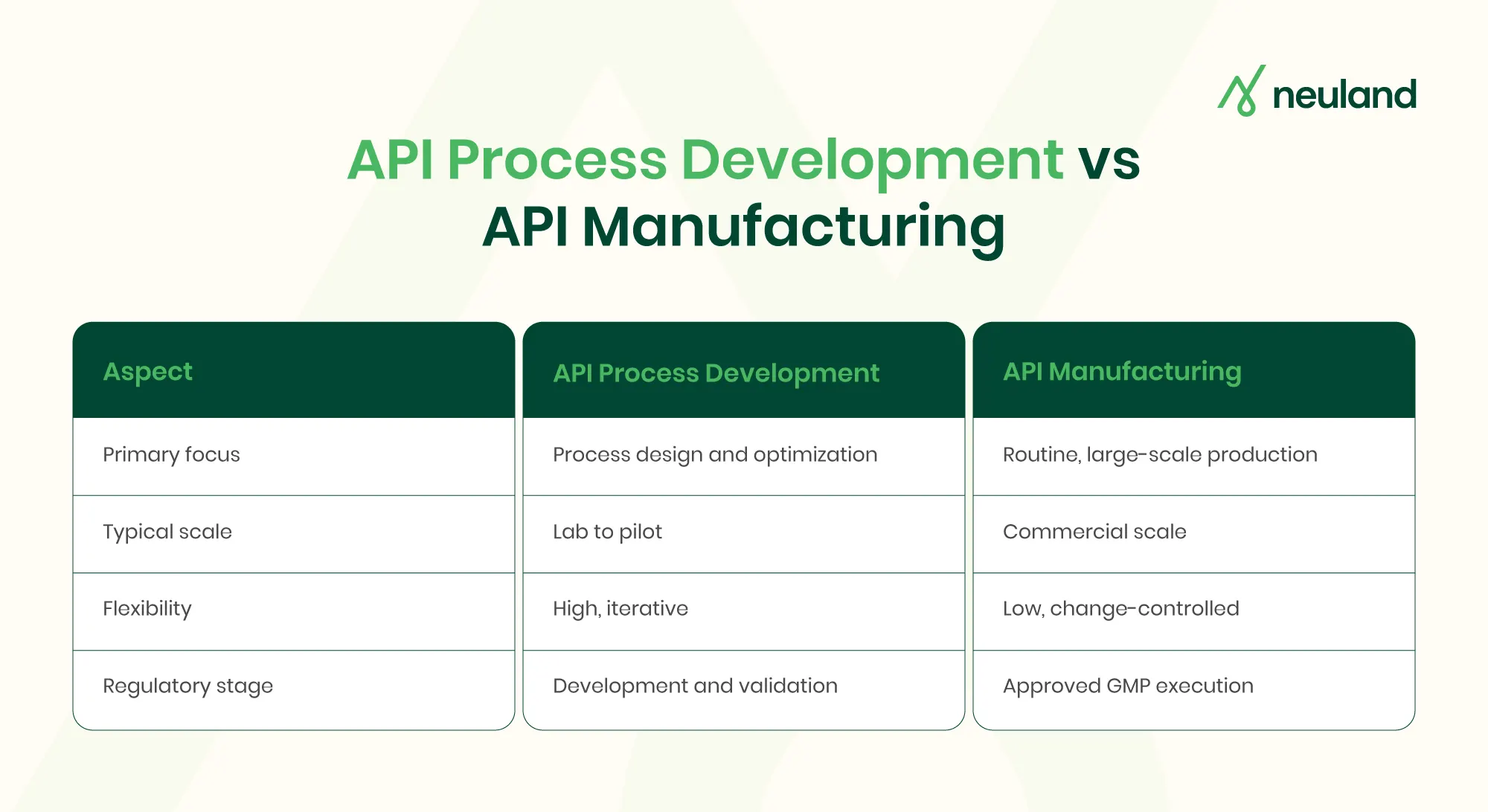 Table comparing API process development and API manufacturing across scale, focus, and flexibility.